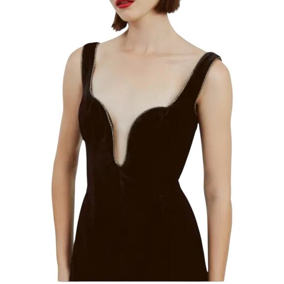 Bardot Black Velvet Rhinestone Trim Dress Plunging Neckline Sz 6 Sexy Cocktail - Picture 6 of 9